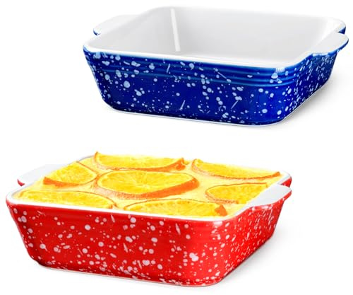 NUTRIUPS Keramik Auflaufform 2er-Set 15cm eckige Ofenformen für Lasagne & Auflauf, 400ml kleine Auflaufform für 1 Person (Rot & Blau)