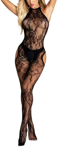 ROSVAJFY Sexy Halter Neck Bodystockings for Women, Floral Lace One Fishnet Piece Lingerie, Bow One Piece Teddy Babydoll Underwear for Valentine Honeymoon Christmas (Black)