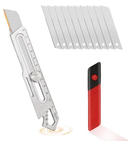 Mutipurpose Utility Knife, Heave Duty Full Stainless Steel Retractable Box Cutter with 10PCS Replaceable Blades (18mm Wide), Extended Razor Knife for Office Home School, Safety Lock Design