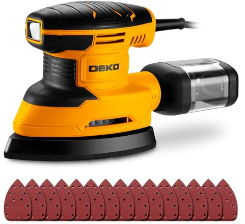 DEKOPRO Ponceuse Triangulaire 180W - Ponceuse Electrique 13000 RPM avec Dépoussiéreur et 15 Abrasifs - Ponceuse Bois Idéale pour Ponçage, Polissage, Travail du Bois - Jaune