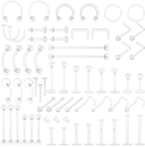 Neyauo 60 Stück Plastik Piercing Schmuck Kit, Acryl Piercing Retainers | Platzhalter, für OP, für Nase, Zunge, Nippel Brustwarze, Bauch Lippen Labret Septum Hoops, Ohr Knorpel