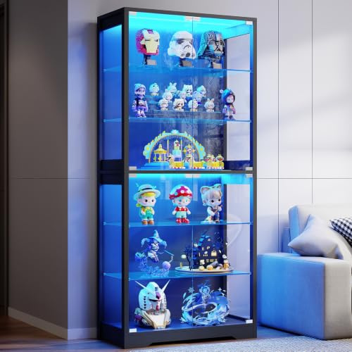 BROTTAR Vitrine mit Glastür, 6-stufige 180cm Vitrine mit 3 Farblichten für Sammlerstücke, Vitrine mit verstellbaren Glasträgern, Körperkensorsensor, Aufbewahrungsschränke, Schwarz