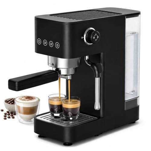 AMZCHEF Macchina da Caffè Espresso 20 Bar, Macchina Espresso Compatta con Montalatte Manuale, Thermoblock 1350W, Display Touch LED, Serbatoio da 1,5L, per Espresso, Cappuccino e Latte, Nera