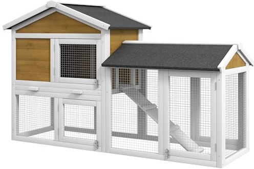 PawHut Hasenstall 2 Etagen Winterfest Kaninchenstall 147x54x84 cm Gelb | Holz, Kaninchenkäfig Mit Wasserdicht Bitumendach, Freilaufgehege, Rampe, Türen, Hasenkäfig Für 2 Zwergkaninchen, Outdoor