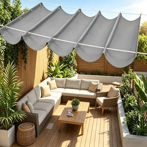 Nach Maß Wellenmarkise Verstellbar 300 x 300 cm Uv-Strahlungen Sonnenschutz Wasserdicht Ohne Bohren Sonnensegel Garten für Terrassendach Wintergarten Park Party, Hellgrau
