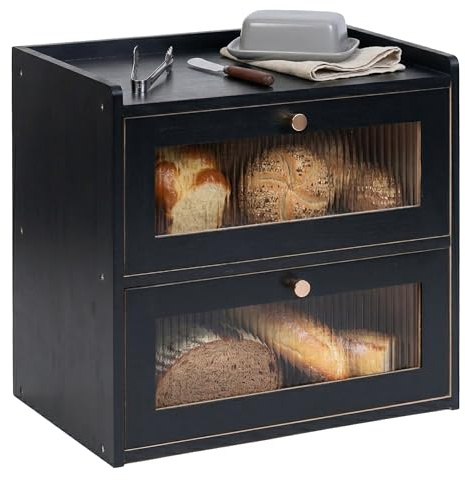 Relaxdays Portapane bambù, 2 livelli, sportelli con finestre, nero | ante ribaltabili, 34×36,5×24 cm