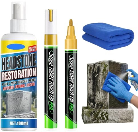 Kit de restauración de inscripciones en piedra: 50 ml de spray limpiador + paño de microfibra + 2 rotuladores dorados – Para restaurar lápidas, mármol, granito y cerámica. Resistente a la intemperie.