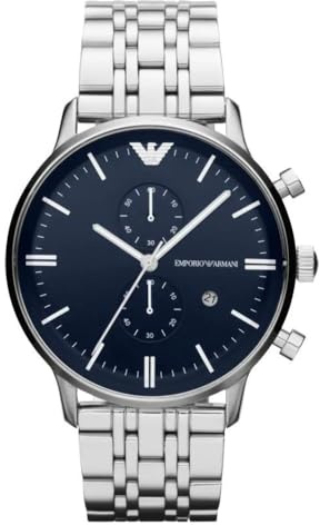 Emporio Armani Watch For Men, 2 sub dial Chronograph Movement and 43mm Case Size with Stainless steel, Leather or Silicone strap Silberton und Dunkelblau , 43MM