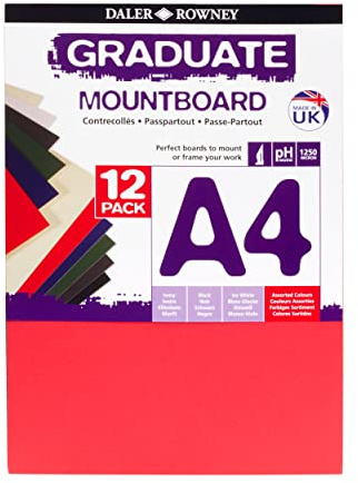 Daler Rowney Graduate Passepartout, A4, sortiert (12 Stück) | 1,25 mm dicke, glatte Oberfläche, farblich sortierte Tafeln, für Studenten und Displays