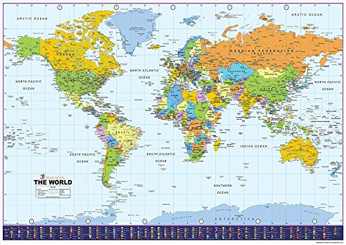 World Map with Flags - Paper Laminated - A0 Size 84.1 x 118.9 cm | Detailed Laminated Wall Map, Ideal For Home, Office Or Classroom Display.