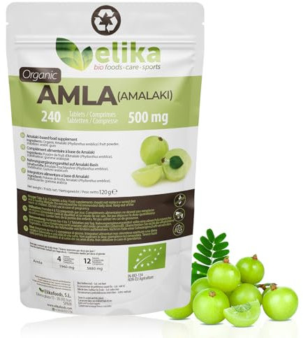 AMLA Elikafoods ® ORGÁNICA 240 comprimdos!!! Crecimiento Cabello - Vitamina cabello - Mejora la piel y caida pelo mujer y hombre - Con Vitamina C, Zinc, Proteina, Calcio, Hierro Suplemento.