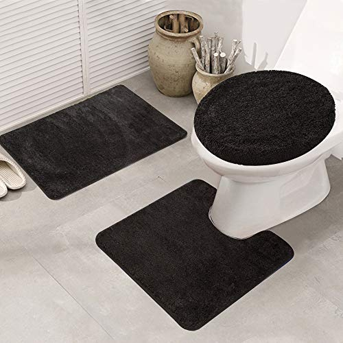 ele Eleoption Badezimmer-Set,rutschfeste Badematte schnelltrocknend weich wasserabsorbierend stilvoll WC-Garnitur 3-teilig, Polypropylen,Schwarz,50 x 80 cm
