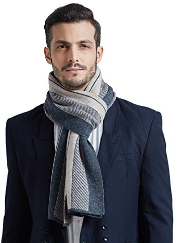 WANYING Herren Kaschmir Schal (65% Wolle+35% Kaschmir) Wolleschal Strickschal Herrenschal Extra Warm Weich für Winter Herbst - Gestreift Kariert