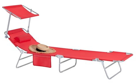 SoBuy Sonnenliege klappbar Gartenliege Liegestuhl klappbar mit Sonnendach & Kopfkissen & Seitentasche Strandliege Balkon Relaxliege 155x56x81cm für Gartenmöbel Terrasse Camping Rot OGS48-R