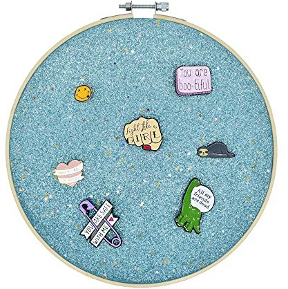Broche suspendre mur présentoir rangement bijoux support émail boucles d'oreilles collier tableau épingle paillettes avec étoiles, affichage collection d'épingles, cerceau broderie toile/cuir (Bleu)