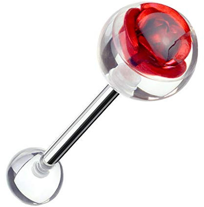 Taffstyle Piercing Barbell Piercing Hantel Stecker Stab Zungenpiercing Zunge Mund Ohr Tragus Helix Ohrpiercing Kugel mit Rosen Blüte Blume Inlay Silber Rot