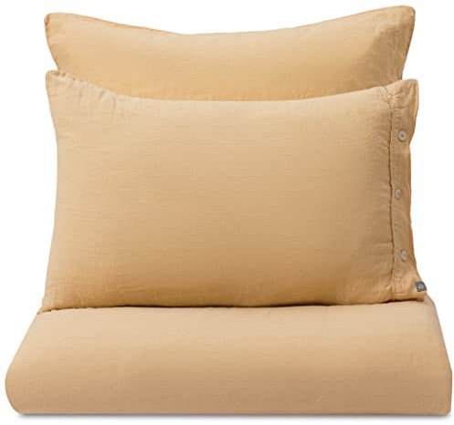 URBANARA Leinenbettwäsche Olhos, Leinenbettwäsche mit Knöpfen aus recycelten Gemüse- und Polyesterfasern, stückgefärbt und vorgewaschen, in Leinwandbindung, Stroh, 200x200 cm