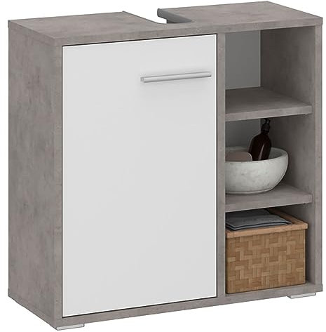 Waschbeckenunterschrank ORNA Betonoptik/weiß mit 1 Tür und 3 offenen Fächern, Waschbeckenschrank aus MDF-Spanplatte mit offenen Regalen und geschlossenem Fach hinter Tür