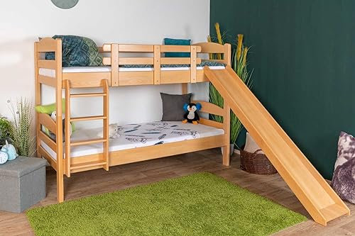 Etagenbett mit Rutsche 90 x 200 cm, Buche Massivholz Natur lackiert, teilbar in zwei Einzelbetten, Easy Premium Line K29/n