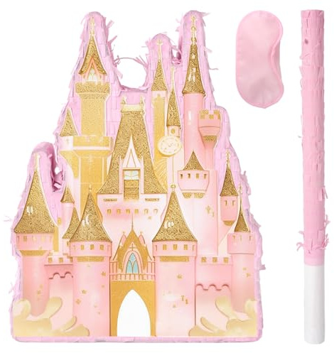 Princess Castle Pinata - Pink Castle Pinata with Blindfold and Bat for Girls Kids Princess Theme Birthday Party Game Decorations (16.7”x11.8”x3”)