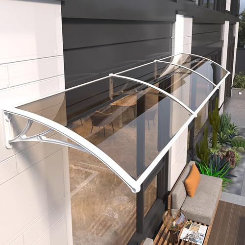 kufu01 Auvent de Porte et Fenêtres,Marquise de Porte d’Entrée en Polycarbonate 2.5mm d'Épaisseur,Résistante Toit Abri Contre la Pluie et UV,Panneau Marron et Support Blanc (60x140cm/24 x55)