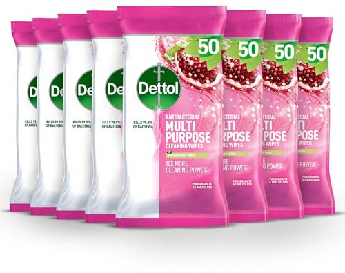 Dettol Antibacterial Multipurpose Cleaning Wipes, Pomegranate & Lime, 400 Wipes (50 x 8pck) Disinfectant, Biodegradable, 10X Cleaning power vs Water alone, Kills 99.9 Percent of Germs