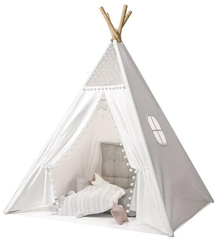 Camiraft Kinder Tipi Zelt,klassisches indisches Spielzelt für Kinder,Kinderzelte aus für Mädchen und Jungen mit Tragetasche,faltbares Spielhaus für drinnen oder draußen,Weiß