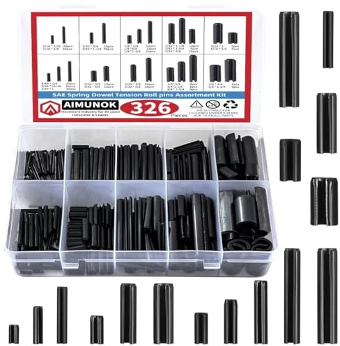 AIMUNOK 326PCS Roll Pin Set - 24 Sizes Spring Dowel Tension Roll Pins - 1/8 1/4 3/8 1/16 5/64 3/32 5/16 5/32 7/32 Split Expansion Pin Assortment Kit for Home Improvement