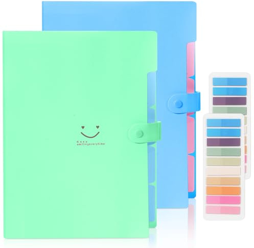 2 Stück Dokumentenmappe A4, Fächermappe A4 mit 400-Etiketten, 5-Fächer Mappe A4, Sammelmappe A4 mit Druckknopf für Zuhause, Büro, Schule Und Auf Reisen (Blau+Grün)