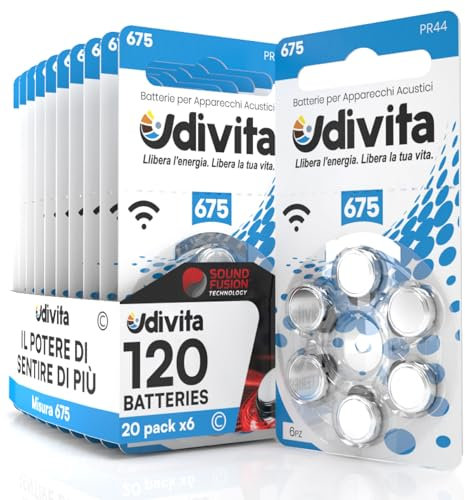 120 Batterie per Apparecchi Acustici Auricolari Udivita Misura 675 PR44 con Tecnologia Phono Pulse - 20 Blister da 6 Pile