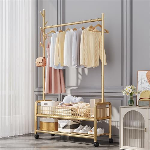 HUMAJORY Kleiderstange aus Metall, Mobiler Kleiderständer, Kleiderstange, Ständer auf Rollen mit Kleiderstange und Ablagefach, for Zuhause, Schlafzimmer for Mäntel, Taschen, Schuhe, Stiefel(Gold)