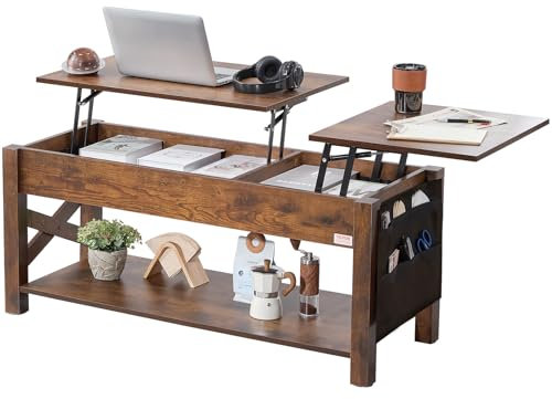 VEVOR Mesa de Café Elevable, 1200 x 500 x 500 mm, Mesa de Café Rectangular para Salón con Bolsillos de Almacenamiento Adicionales, Capacidad de 50 kg, Mesa de Centro Desplegable para Salón, Marrón
