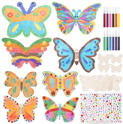40 Stück Bastelsets für Kinder, 24 Stück Schmetterling Holz mit Aquarellstift & Edelsteinaufkleber, Beschäftigung für Kindergeburtstag, Basteln Kindergeburtstag DIY Geburtstag Handwerk Basteln Kinder