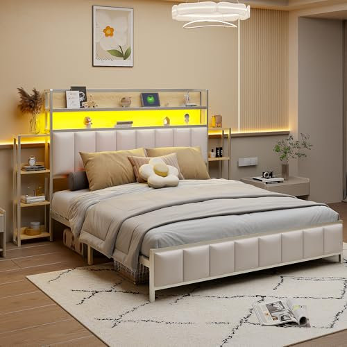 WIZBED Polsterbett Bett Metallrahmen 160x200 cm, Metall Bettgestell Lattenrost aus Volleisen, Kunstleder Doppelbett L-E-D Kopfteil mit 2 Stauraum Regal, Ohne Matratze (Weiß, 160x200)