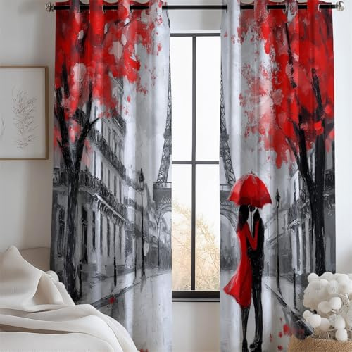 Vorhänge Vorhang Blickdicht Gardinen Ölgemälde Paar Eiffelturm Muster Verdunkelung mit Ösen H215 x B110 cm (2er Pack) Raumverdunkelung hitzeblockierend Vorhangdekoration für Schlafzimmer Rot Grau
