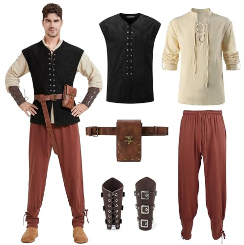 Costume Medievale Uomo, Set di Abbigliamento Medievale da Uomo, Set Vestito Rinascimento Vichingo Pirata Camicia Medievale, Pantaloni, Ceintures, Gilet, Accessori per Indumenti Protettivi, Marsupi