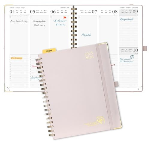 POPRUN Kalender 2025 2026 Buchkalender Ringbuch mit Hardcover, ca. A4 (25,5 x 20,5 cm), 17-Monate-Terminplaner (Aug.2025-Dez.2026), Wochenplaner 2025 2026 mit Plastiklineal - Hellrosa
