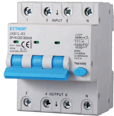 A2ZWORLD Interrupteur magnétothermique différentiel triphasé, type A 300mA, RCBO Classe A 4P C63 63A, courbe C 3P+N 6000A, occupe 4 modules DIN, AC 400V IP20