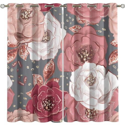 GSKOQD Vorhang Blickdicht Ösenschal Verdunkelungsvorhang 3D Bunte Rote Blumen Muster Gardinen Wohnzimmer Kinderzimmer Thermovorhang Ösenvorhänge 2Er Set Blickdichte Vorhänge 280X260Cm
