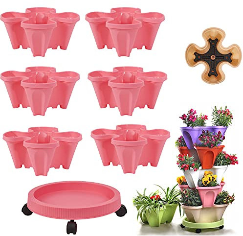 Maceta vertical apilable de 6 niveles con sistema de riego automático, maceta de hierbas resistente y duradera para fresas y más, color rosa