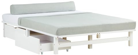 Homestyle4u Massivholzbett 140x200 mit Matratze & Schubladen | Palettenbett aus Kiefer, weiß lackiert – inkl. Rolllattenrost, 2 Bettschubladen & Komfortschaummatratze H2