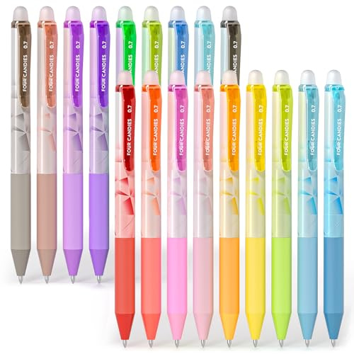 Four Candies Erasable Gel Pens, 18 Colors Retractable Fine Point 0.7mm Erasable Pens, Make Mistakes Disappear Colored Pens for Writing, Drawing, Planner & School Supplies