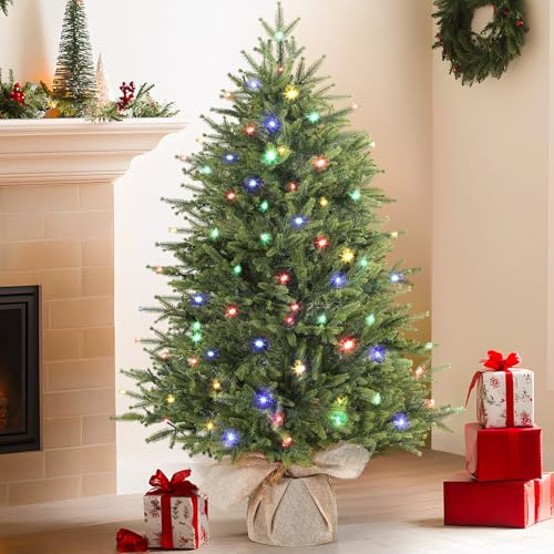 Alupssuc 3FT Pre-lit Artificial Mini Christmas Tree,PE Branches with Burlap Bag Base, Color LED Lights,12 Light Modes, Perfect for Xmas Decorations, Home, Kitchen, Dining-Green