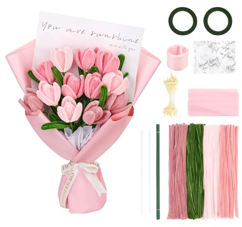Pfeifenreiniger Blumen Set, 400 Stück Pfeifenputzer zum Basteln, 4 Farben Pfeifenreiniger zum Basteln mit Blumendraht, Schleifenband, Blumen Staubblatt für Blumenstrauß DIY Bastelzeug(Rosa)