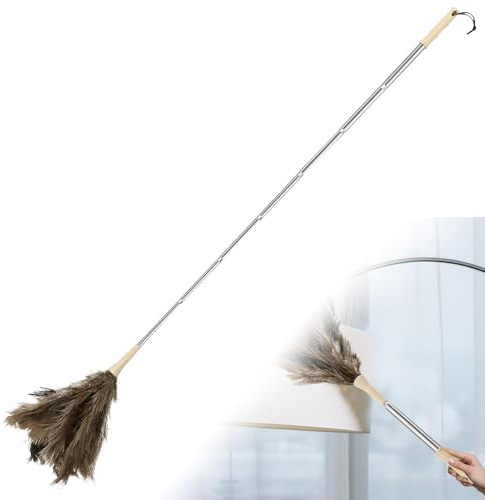 Extendable Ostrich Feather Duster, 115cm Washable Duster with Retractable Handle, Anti Static Telescopic Feather Dusters for Office Cleaning High Ceilings, Furniture, Blinds, Roof Dusting