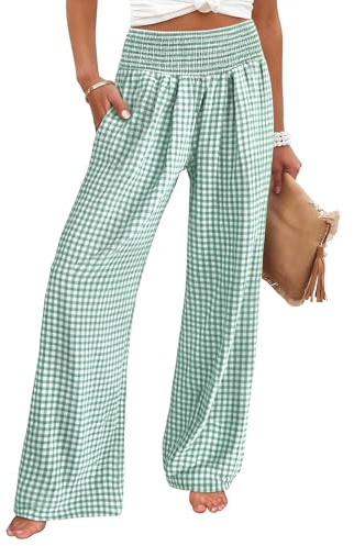 ANRABESS Womens Striped Gingham Palazzo Pants Wide Leg High Waisted Lounge Pajama Pants Cute Casual Trousers with Pockets Green White Plaid Medium