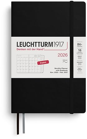 LEUCHTTURM1917 372790 månadsplanerare och anteckningsbok paperback (B6+) 2026, 16 månader, mjukt skydd, svart, engelska