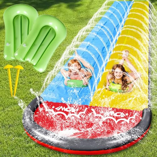 Hlayshing Water Slides 15.7ft/480cm, Water Slide Mat With 2 Inflatable Boards, Lawn Slide Summer Slip Waterslides Garden Toy in Sprinkler for Kids Adults Fun Backyard Summer Outdoor