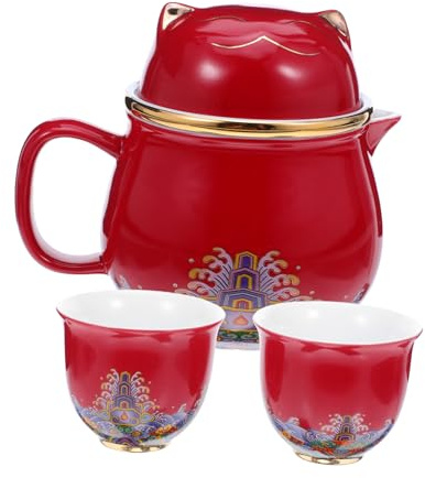 MAGICLULU Gold-Painted Lucky Cat Tea Ceramic Cat Mug Portable Chinese Tea Cup One Teapot and Two Cups for Office Use Travel Featuring Theme and Convenient Storage Bag