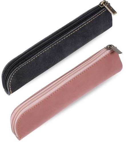 2 Stück Federmäppchen Leder, Kleine Federtasche Schmales Stifteetui Tragbar Mäppchen Klein mit Reißverschluss Vintage Schlampermäppchen für Damen Herren Zuhause Büro Reisen Outdoor (Schwarz, Rosa)